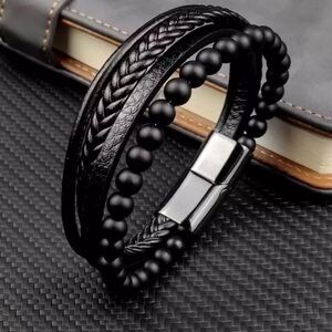 Luxury Black Leather and Bead Bracelet/ High quality magnate